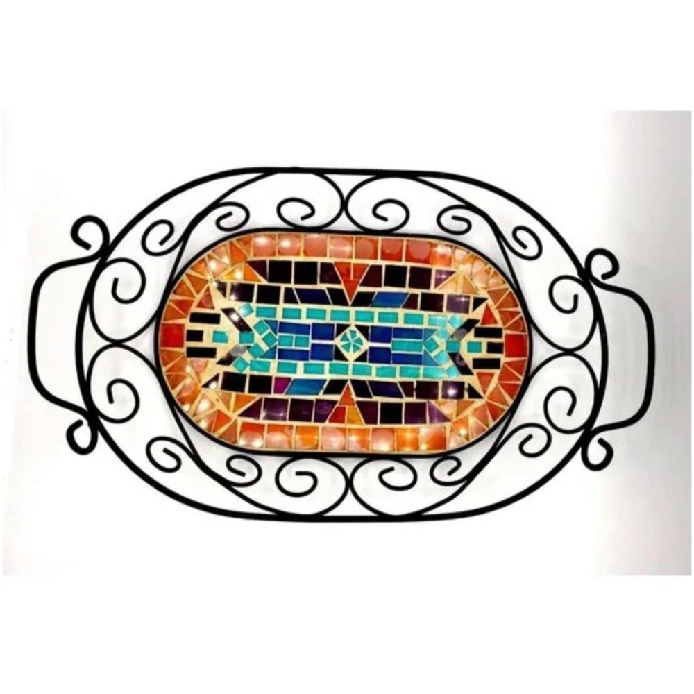 Southwest Design Mosaic Tile Serving Tray With Metal Handles & Decorative Design